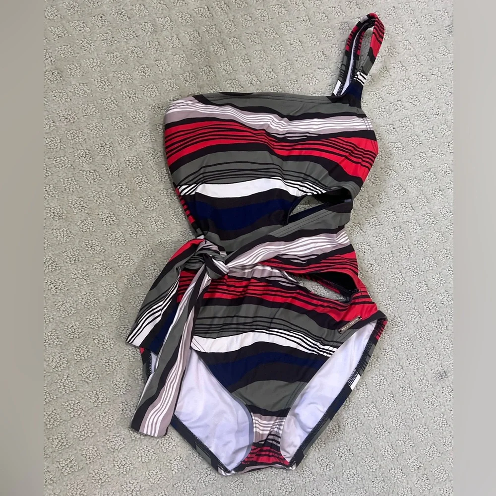 Vince Camuto Women’s One Shoulder Striped Cutout One Piece Size 6 - Picture 3 of 7